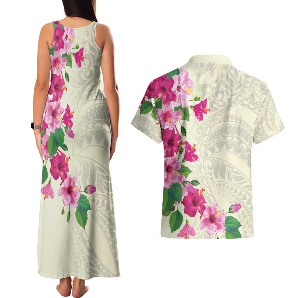 Hawaiian Hibiscus and Art Polynesian Tattoo Couples Matching Tank Maxi Dress and Hawaiian Shirt Beige Color