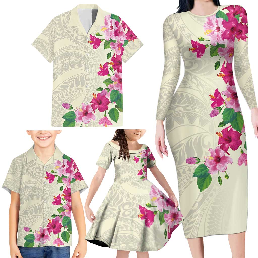 Hawaiian Hibiscus and Art Polynesian Tattoo Family Matching Long Sleeve Bodycon Dress and Hawaiian Shirt Beige Color LT03 - Polynesian Pride