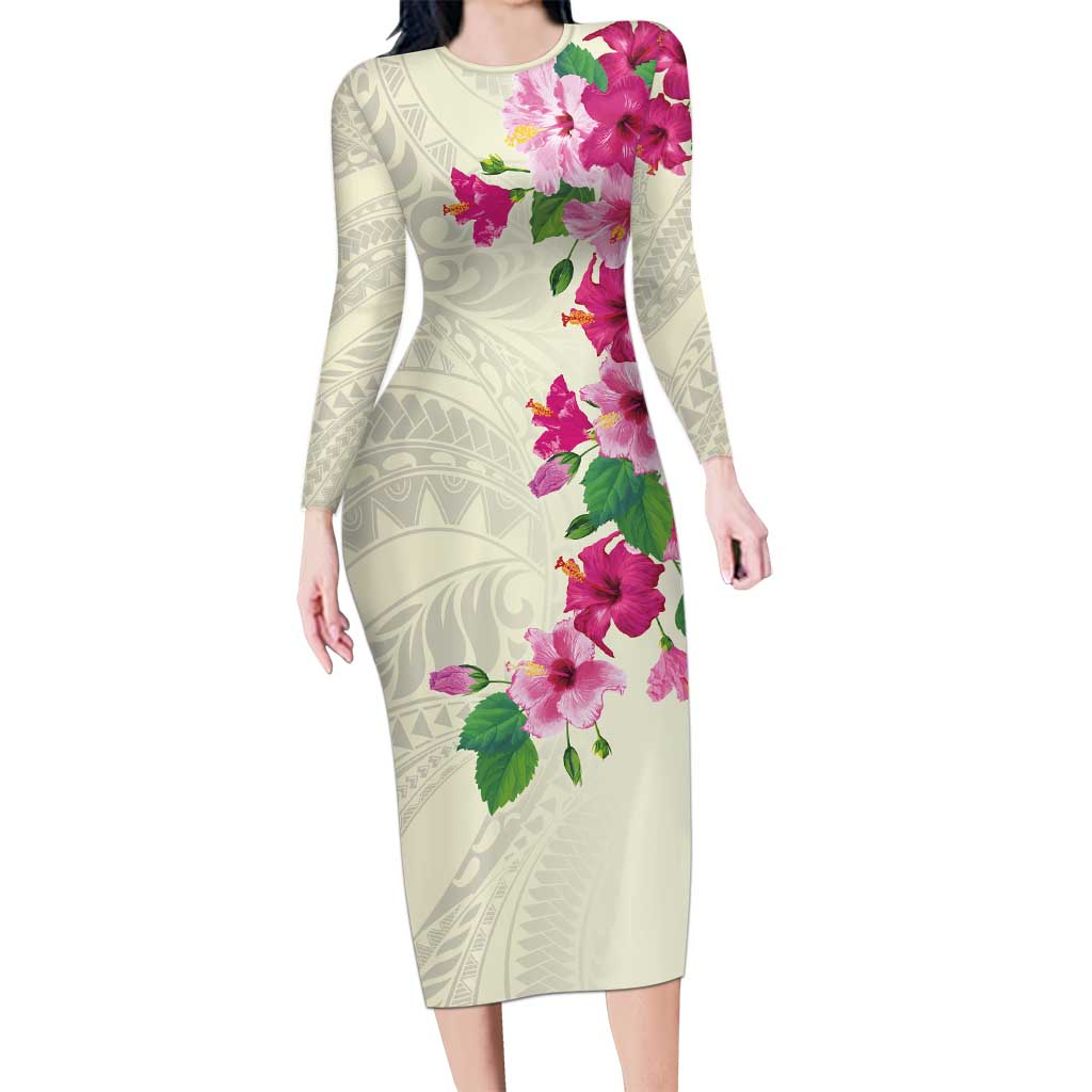Hawaiian Hibiscus and Art Polynesian Tattoo Family Matching Long Sleeve Bodycon Dress and Hawaiian Shirt Beige Color LT03 Mom's Dress Beige - Polynesian Pride
