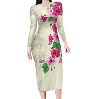 Hawaiian Hibiscus and Art Polynesian Tattoo Family Matching Long Sleeve Bodycon Dress and Hawaiian Shirt Beige Color LT03 Mom's Dress Beige - Polynesian Pride