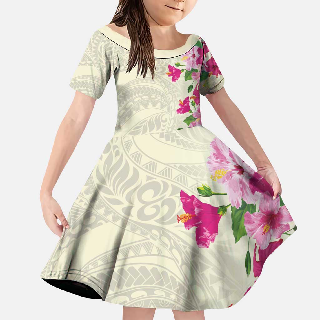 Hawaiian Hibiscus and Art Polynesian Tattoo Family Matching Mermaid Dress and Hawaiian Shirt Beige Color LT03 Daughter's Dress Beige - Polynesian Pride