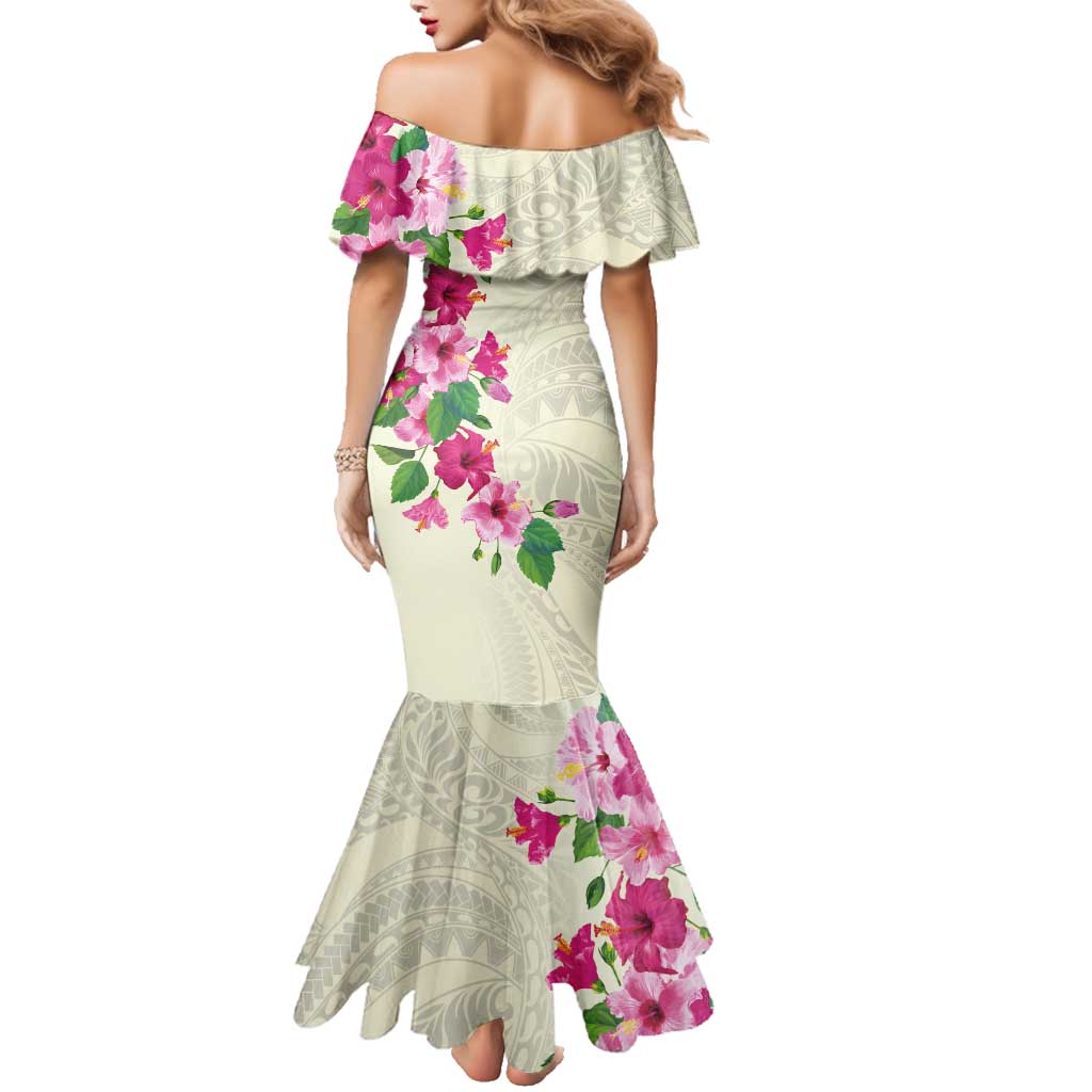 Hawaiian Hibiscus and Art Polynesian Tattoo Family Matching Mermaid Dress and Hawaiian Shirt Beige Color LT03 - Polynesian Pride