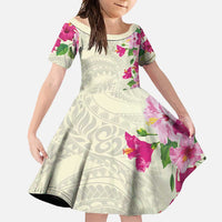 Hawaiian Hibiscus and Art Polynesian Tattoo Family Matching Off Shoulder Maxi Dress and Hawaiian Shirt Beige Color