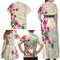 Hawaiian Hibiscus and Art Polynesian Tattoo Family Matching Off Shoulder Maxi Dress and Hawaiian Shirt Beige Color
