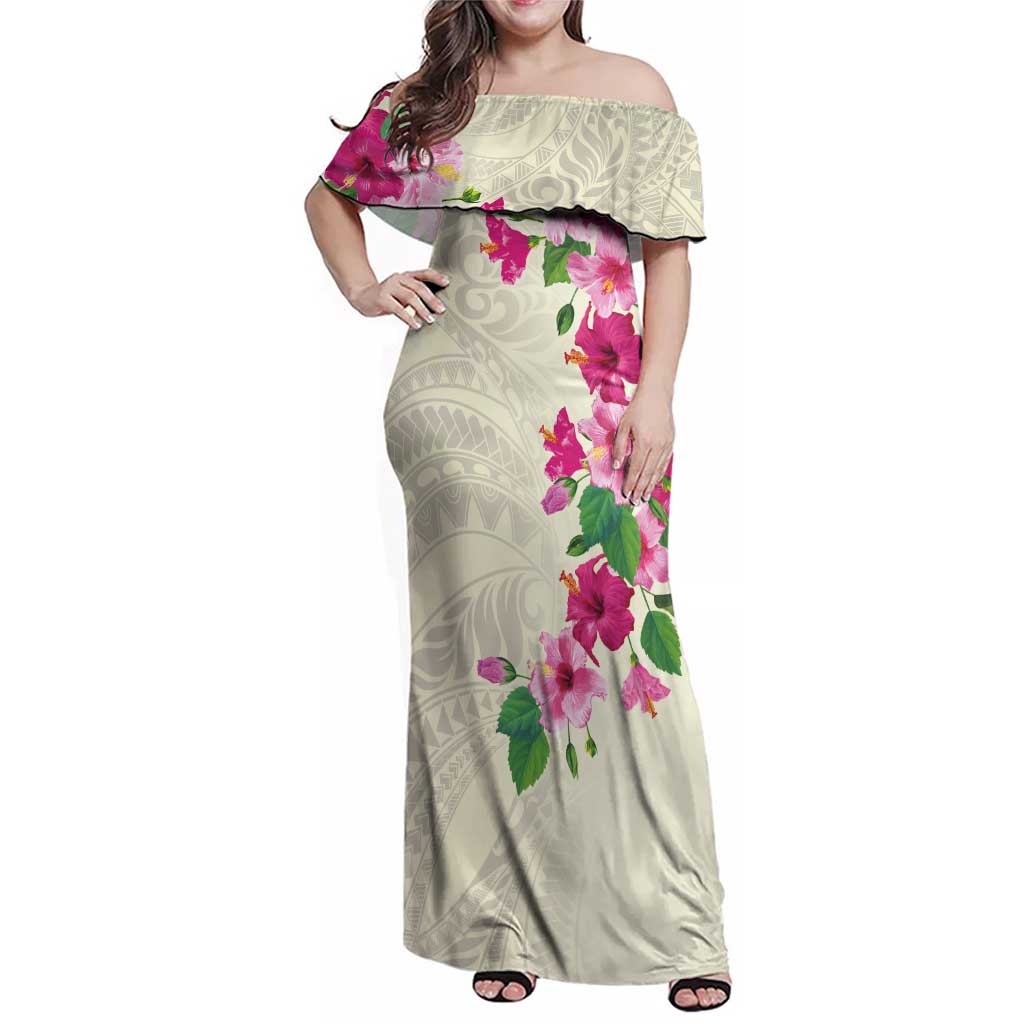 Hawaiian Hibiscus and Art Polynesian Tattoo Family Matching Off Shoulder Maxi Dress and Hawaiian Shirt Beige Color
