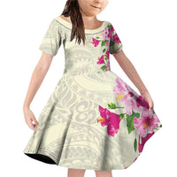 Hawaiian Hibiscus and Art Polynesian Tattoo Family Matching Off Shoulder Short Dress and Hawaiian Shirt Beige Color