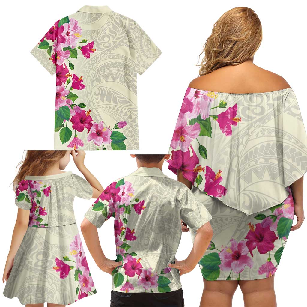 Hawaiian Hibiscus and Art Polynesian Tattoo Family Matching Off Shoulder Short Dress and Hawaiian Shirt Beige Color