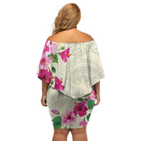 Hawaiian Hibiscus and Art Polynesian Tattoo Family Matching Off Shoulder Short Dress and Hawaiian Shirt Beige Color
