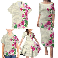 Hawaiian Hibiscus and Art Polynesian Tattoo Family Matching Puletasi and Hawaiian Shirt Beige Color LT03 - Polynesian Pride