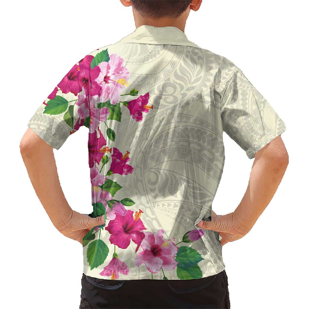 Hawaiian Hibiscus and Art Polynesian Tattoo Family Matching Short Sleeve Bodycon Dress and Hawaiian Shirt Beige Color LT03 - Polynesian Pride