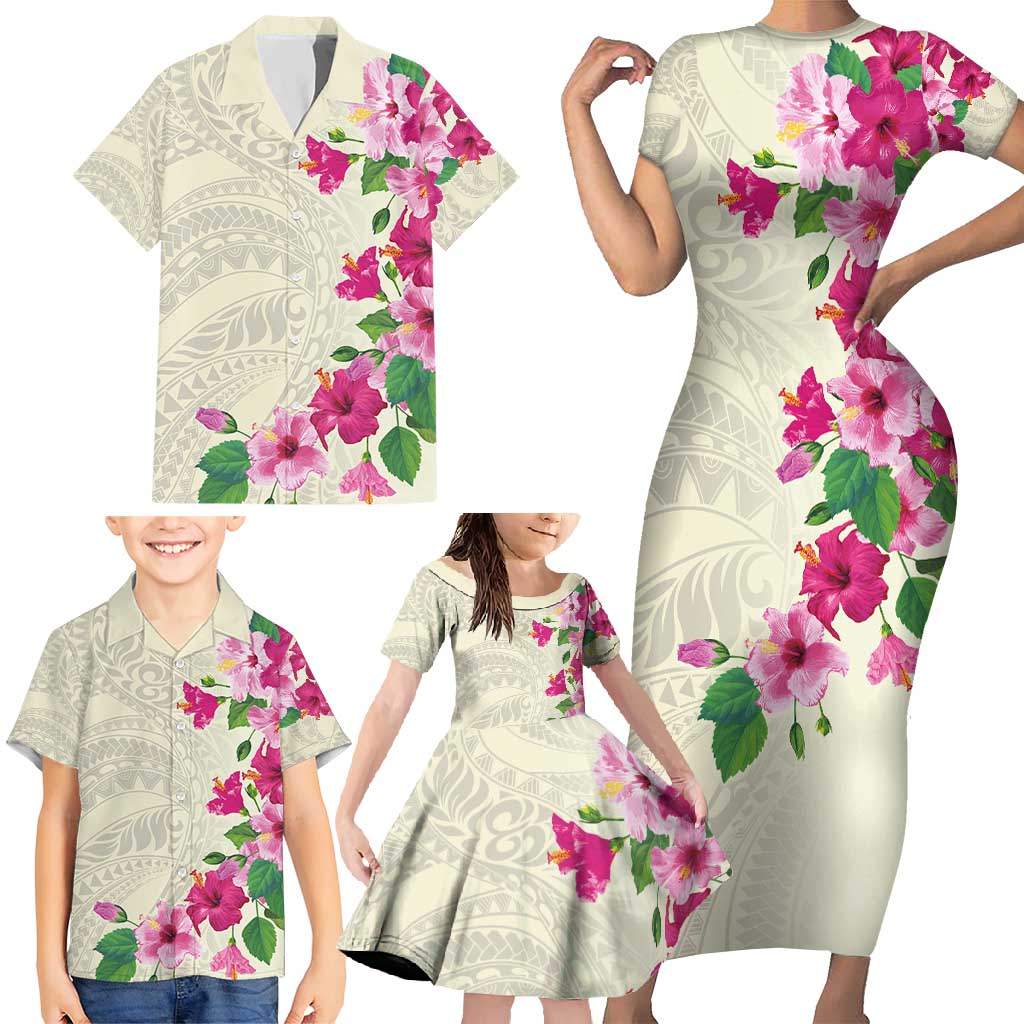 Hawaiian Hibiscus and Art Polynesian Tattoo Family Matching Short Sleeve Bodycon Dress and Hawaiian Shirt Beige Color LT03 - Polynesian Pride