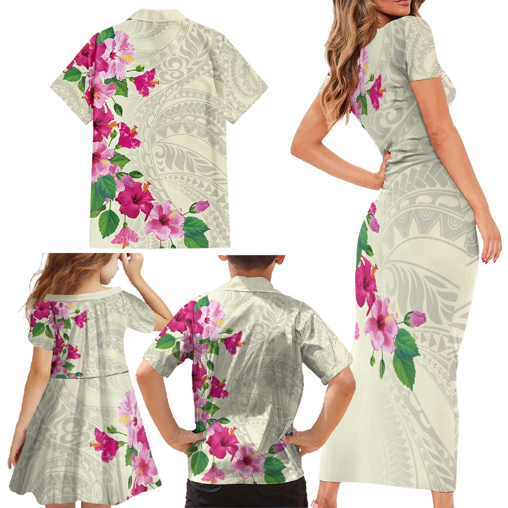 Hawaiian Hibiscus and Art Polynesian Tattoo Family Matching Short Sleeve Bodycon Dress and Hawaiian Shirt Beige Color LT03 - Polynesian Pride