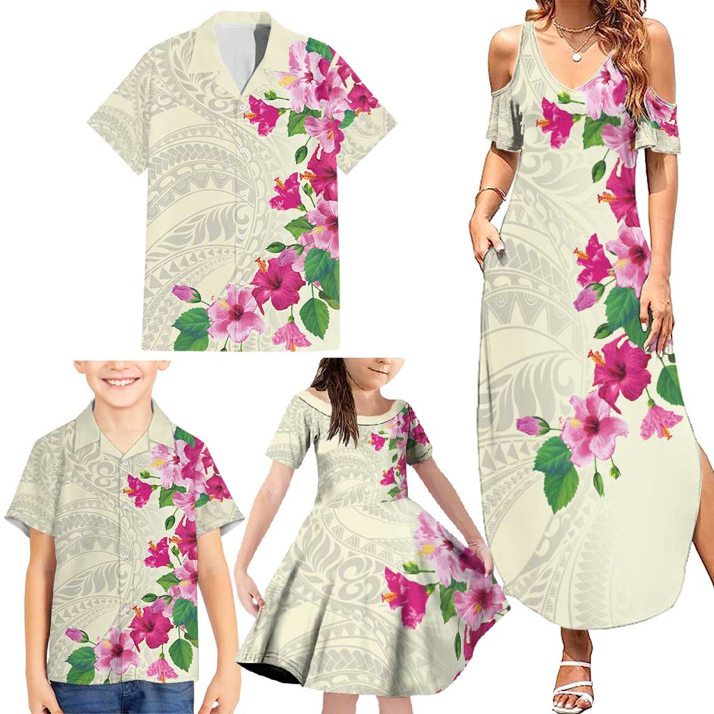 Hawaiian Hibiscus and Art Polynesian Tattoo Family Matching Summer Maxi Dress and Hawaiian Shirt Beige Color