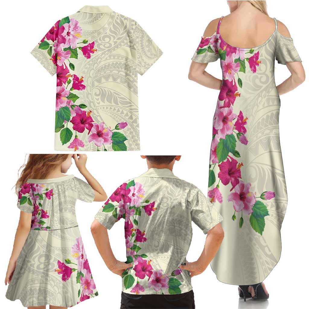 Hawaiian Hibiscus and Art Polynesian Tattoo Family Matching Summer Maxi Dress and Hawaiian Shirt Beige Color
