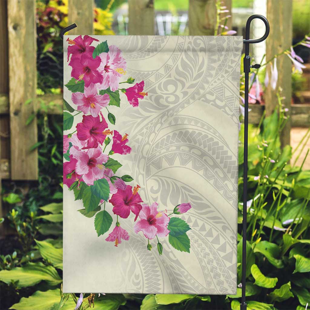 Hawaiian Hibiscus and Art Polynesian Tattoo Garden Flag Beige Color