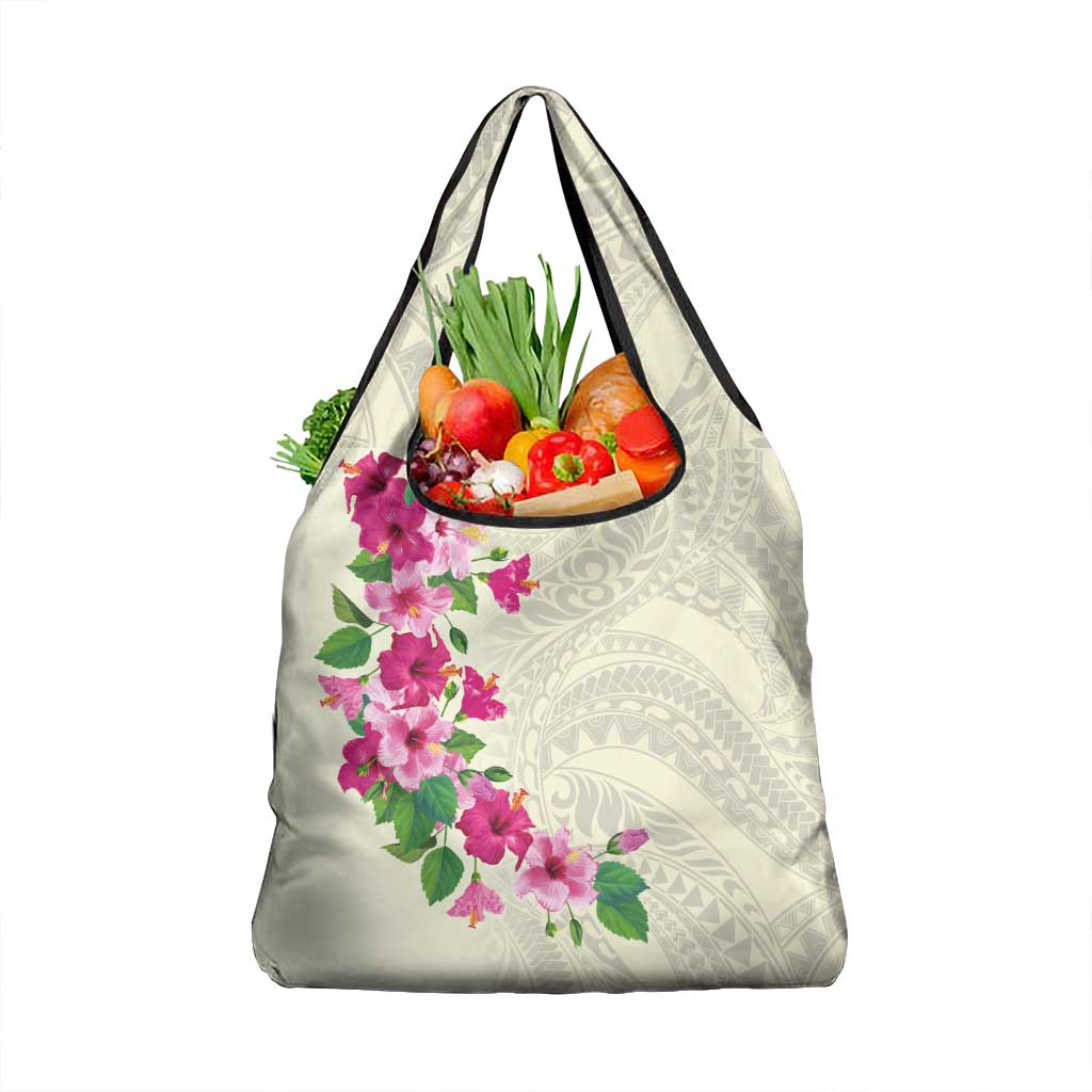 Hawaiian Hibiscus and Art Polynesian Tattoo Grocery Bag Beige Color
