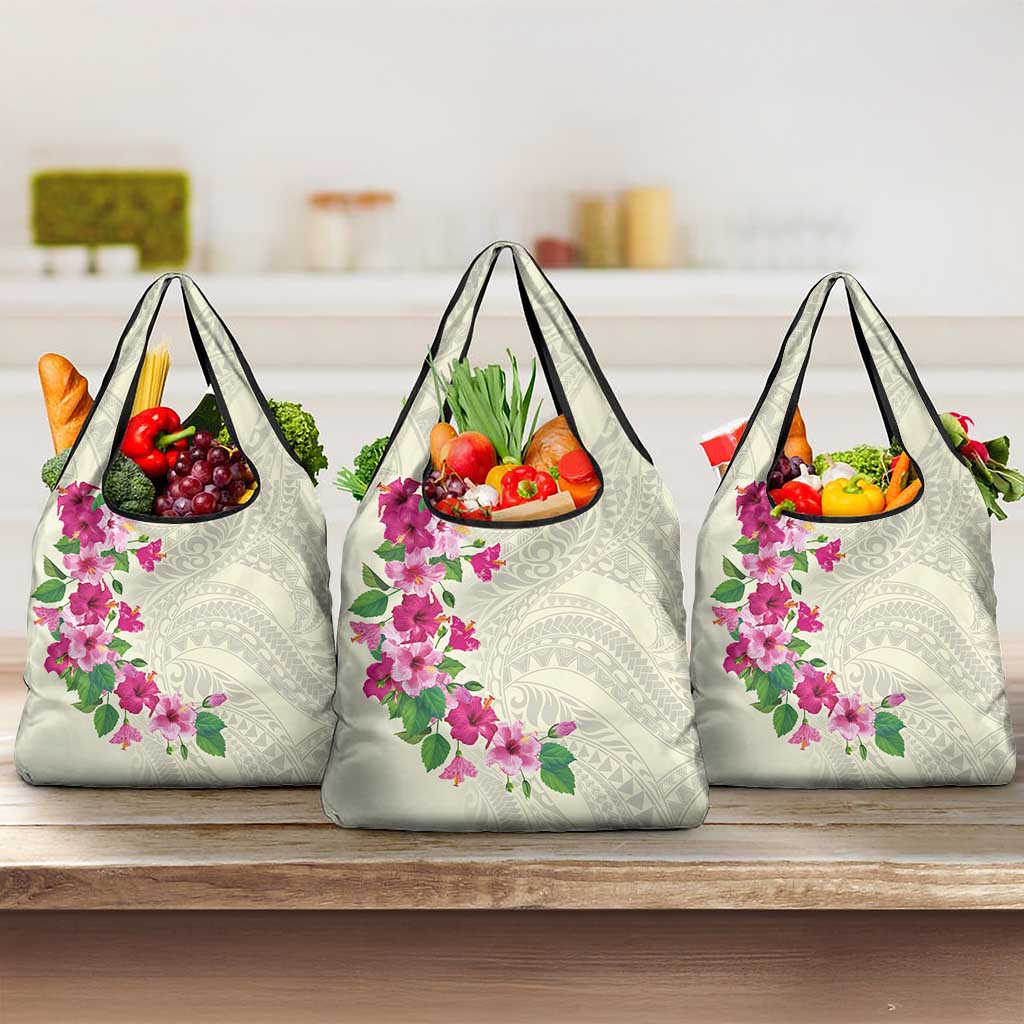 Hawaiian Hibiscus and Art Polynesian Tattoo Grocery Bag Beige Color