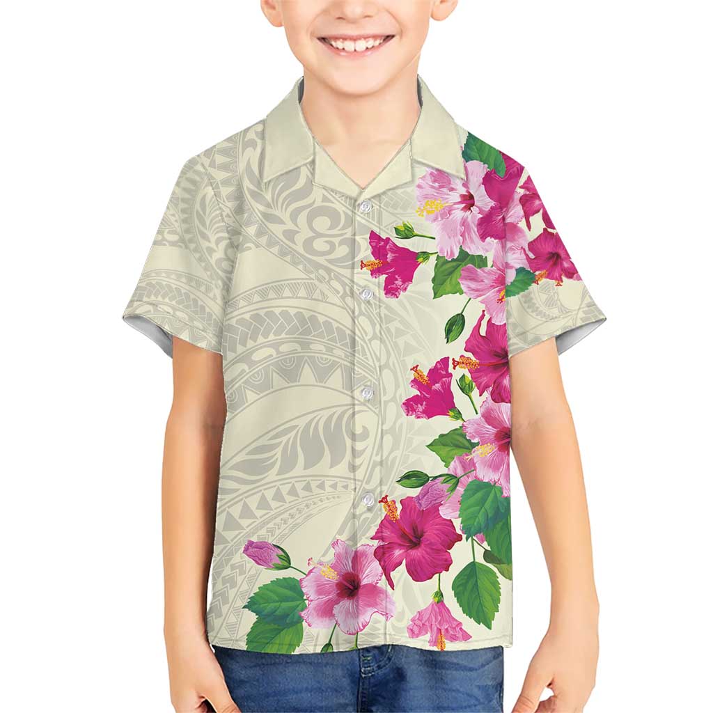 Hawaiian Hibiscus and Art Polynesian Tattoo Kid Hawaiian Shirt Beige Color