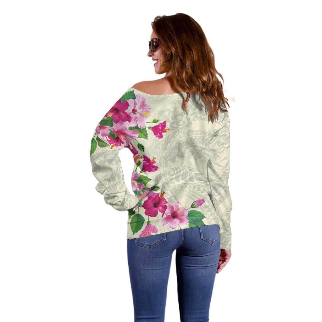 Hawaiian Hibiscus and Art Polynesian Tattoo Off Shoulder Sweater Beige Color