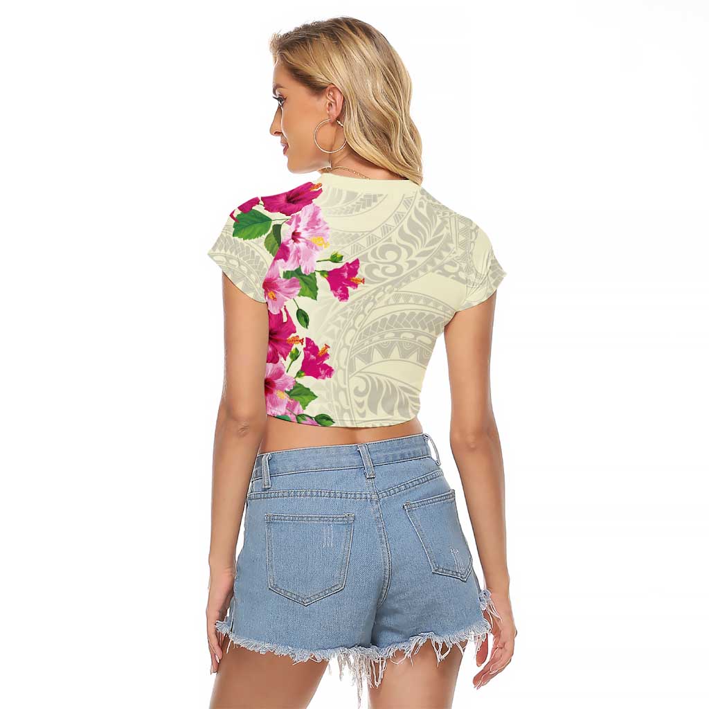 Hawaiian Hibiscus and Art Polynesian Tattoo Raglan Cropped T Shirt Beige Color LT03 - Polynesian Pride