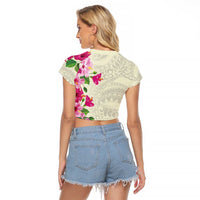 Hawaiian Hibiscus and Art Polynesian Tattoo Raglan Cropped T Shirt Beige Color LT03 - Polynesian Pride