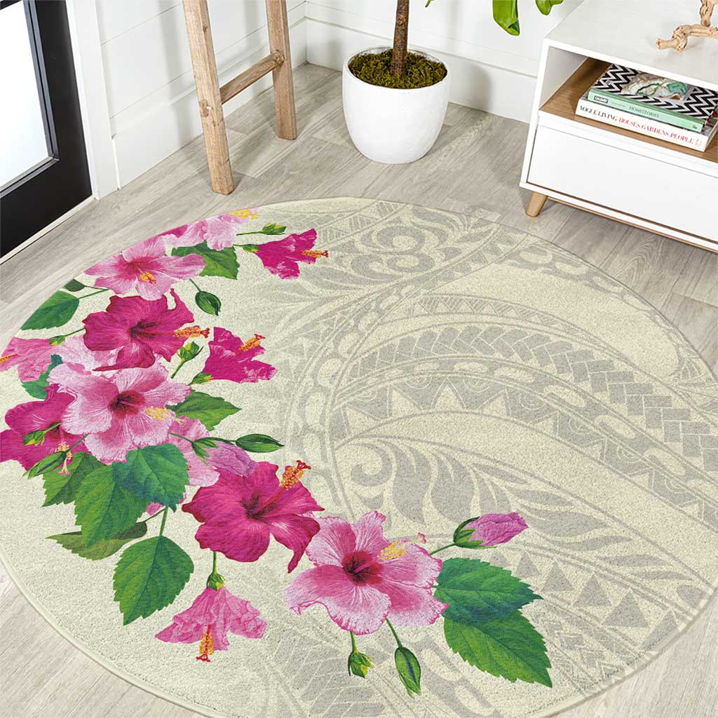 Hawaiian Hibiscus and Art Polynesian Tattoo Round Carpet Beige Color