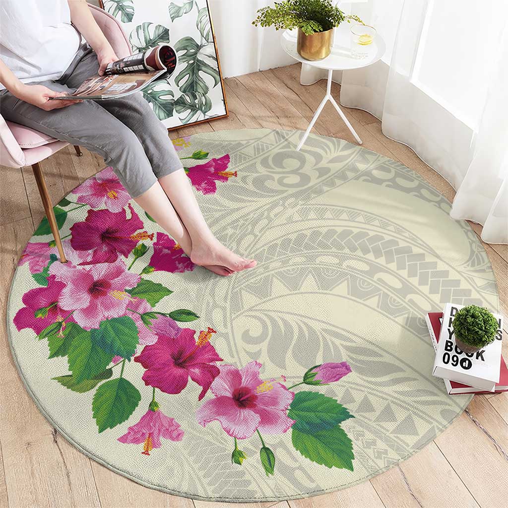 Hawaiian Hibiscus and Art Polynesian Tattoo Round Carpet Beige Color