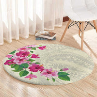Hawaiian Hibiscus and Art Polynesian Tattoo Round Carpet Beige Color