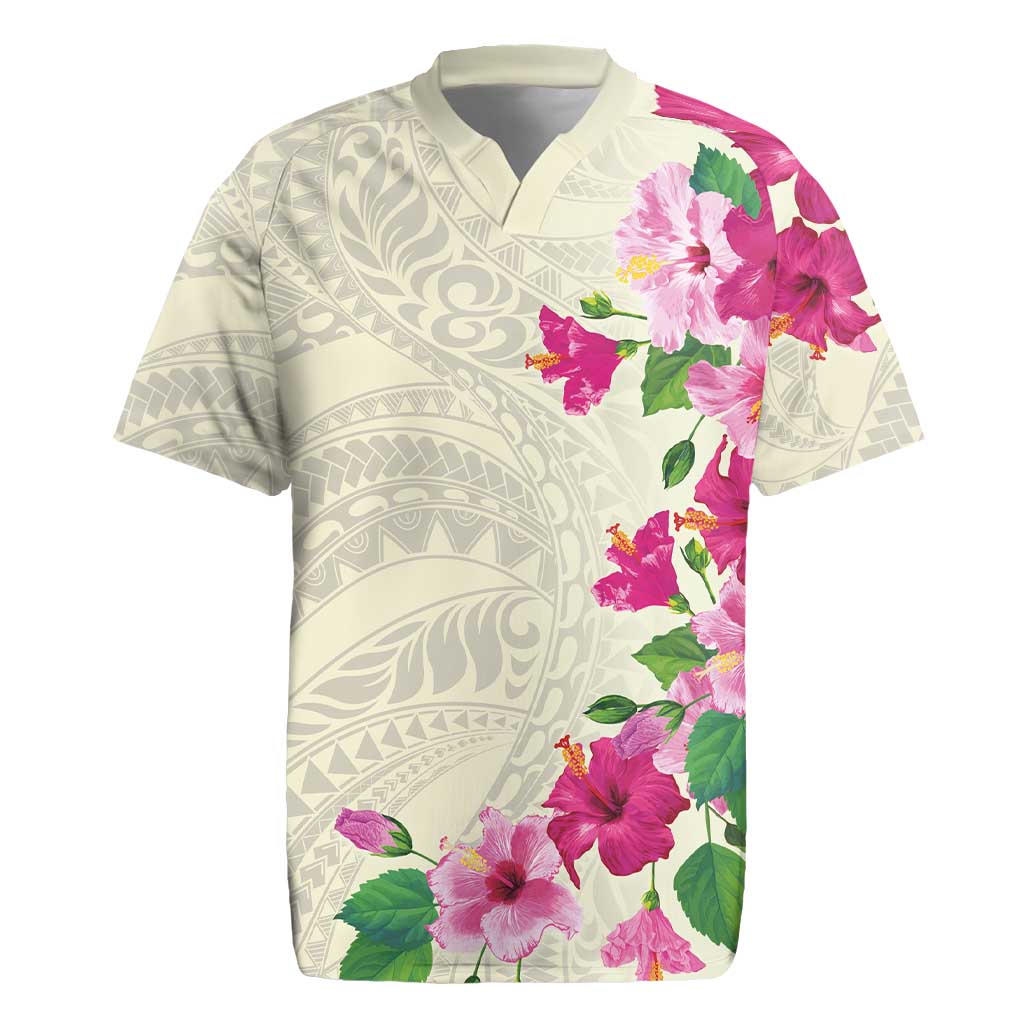 Hawaiian Hibiscus and Art Polynesian Tattoo Rugby Jersey Beige Color