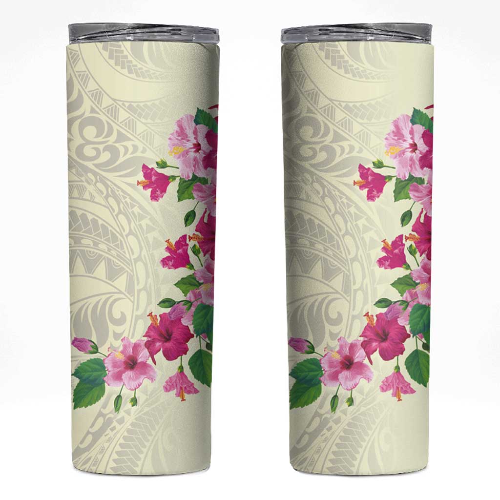 Hawaiian Hibiscus and Art Polynesian Tattoo Skinny Tumbler Beige Color