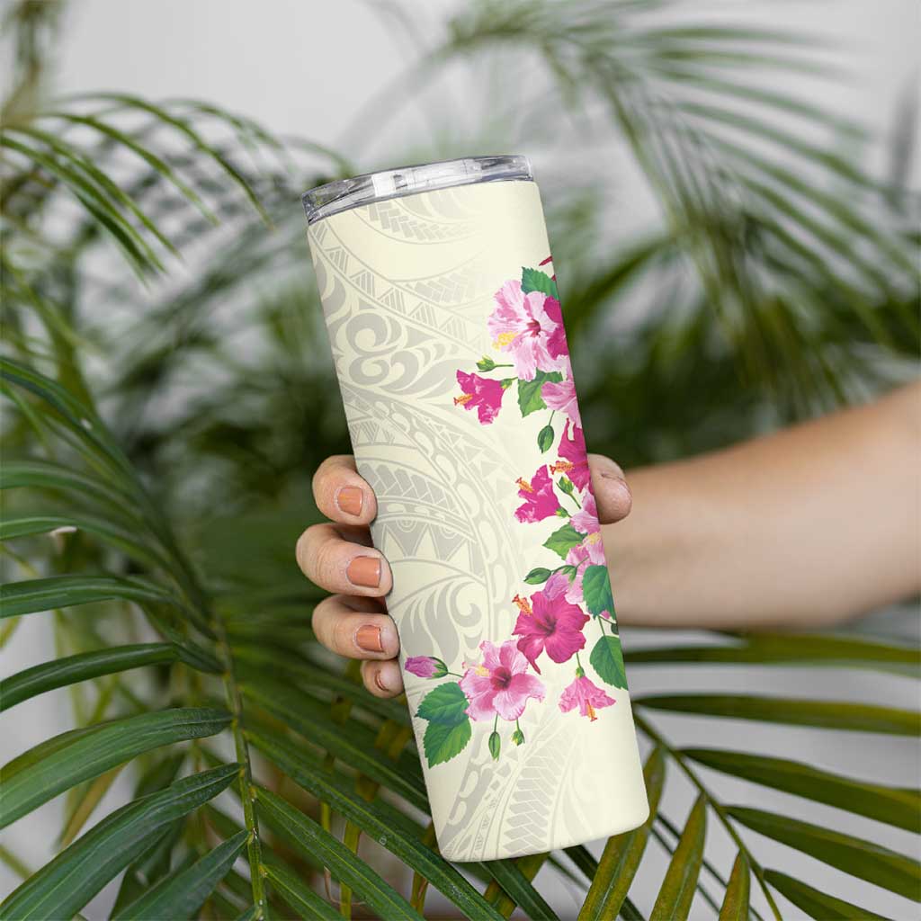 Hawaiian Hibiscus and Art Polynesian Tattoo Skinny Tumbler Beige Color