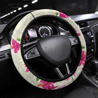 Hawaiian Hibiscus and Art Polynesian Tattoo Steering Wheel Cover Beige Color