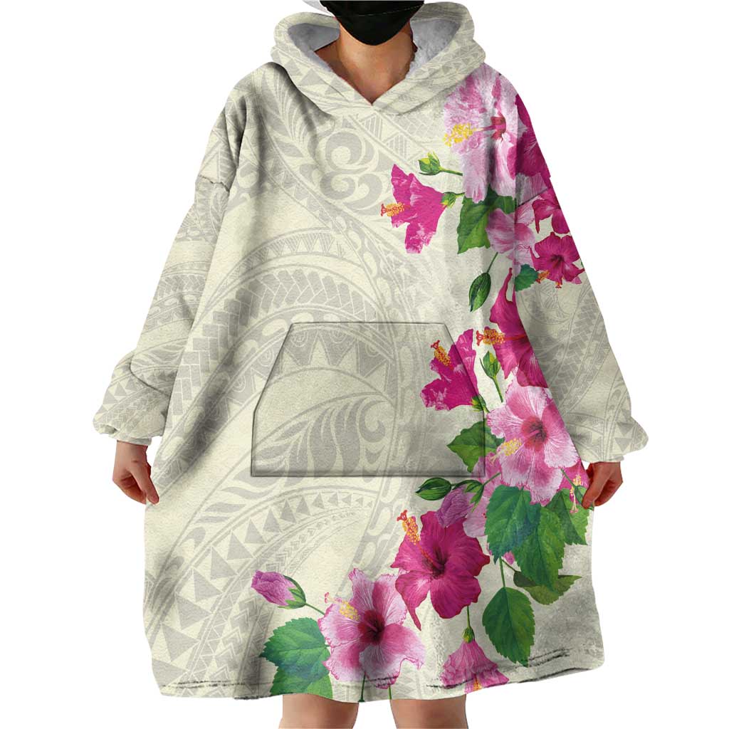 Hawaiian Hibiscus and Art Polynesian Tattoo Wearable Blanket Hoodie Beige Color