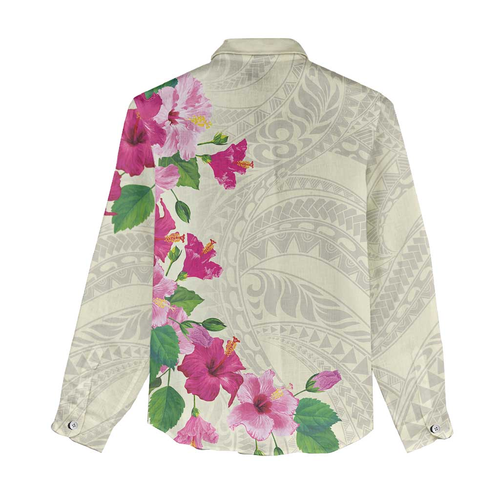 Hawaiian Hibiscus and Art Polynesian Tattoo Women Casual Shirt Beige Color