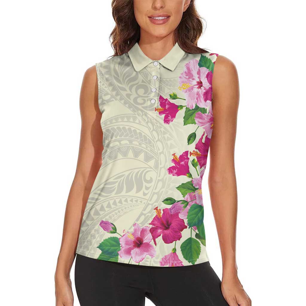 Hawaiian Hibiscus and Art Polynesian Tattoo Women Sleeveless Polo Shirt Beige Color LT03 - Polynesian Pride