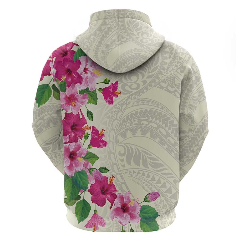 Hawaiian Hibiscus and Art Polynesian Tattoo Zip Hoodie Beige Color