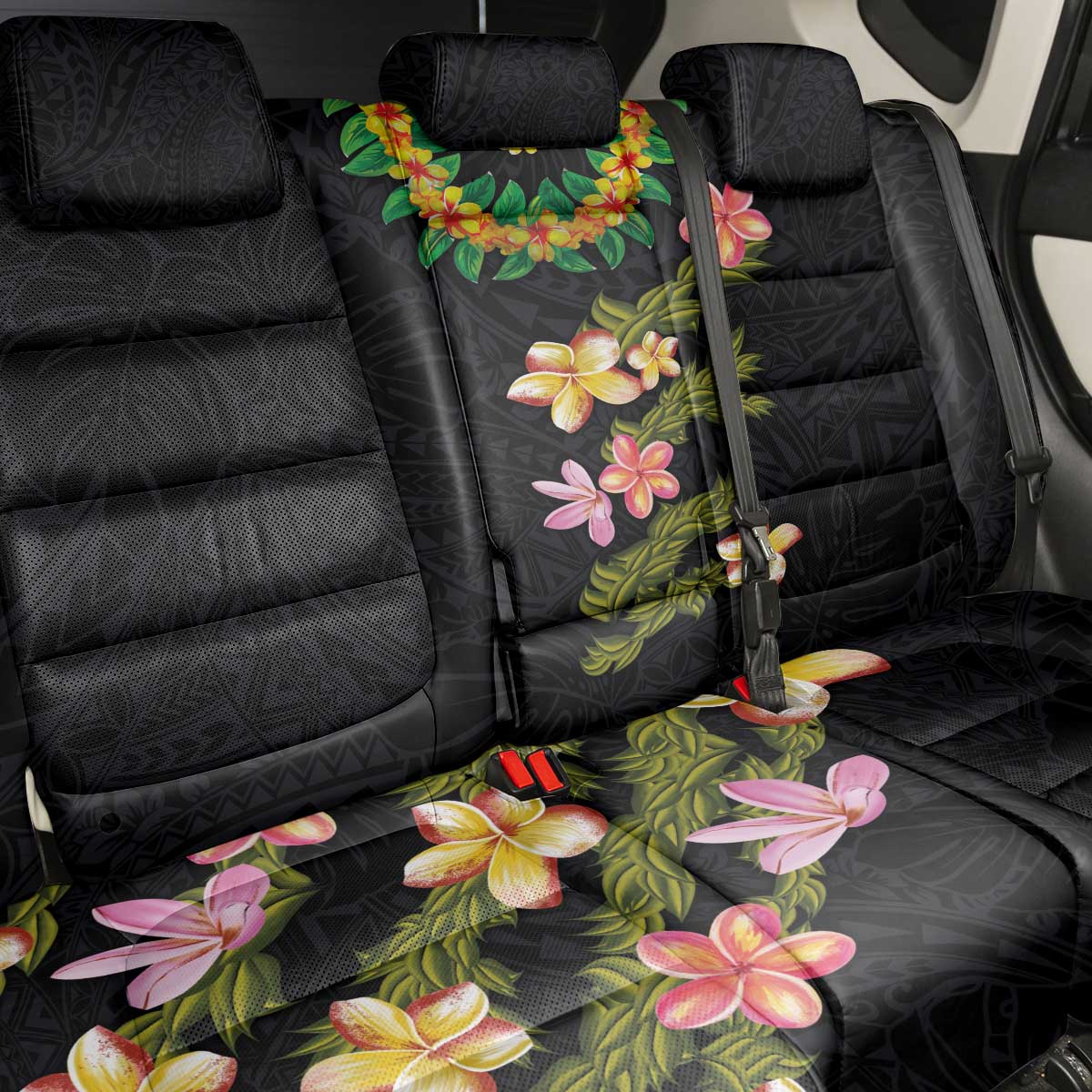 Hawaiian Lei Plumeria and Tropical Leaves Back Car Seat Cover Watercolor Style