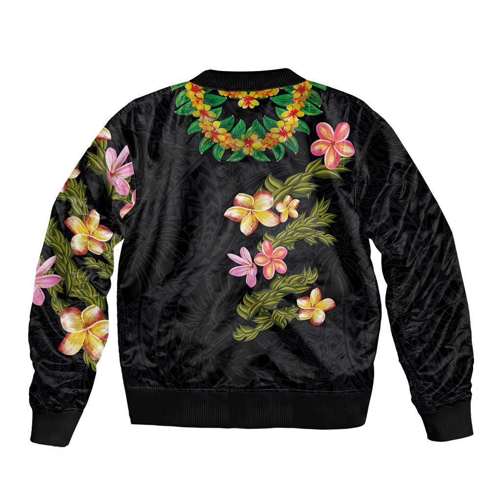 Hawaiian Lei Plumeria and Tropical Leaves Bomber Jacket Watercolor Style