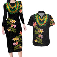 Hawaiian Lei Plumeria and Tropical Leaves Couples Matching Long Sleeve Bodycon Dress and Hawaiian Shirt Watercolor Style
