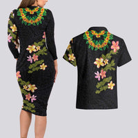 Hawaiian Lei Plumeria and Tropical Leaves Couples Matching Long Sleeve Bodycon Dress and Hawaiian Shirt Watercolor Style