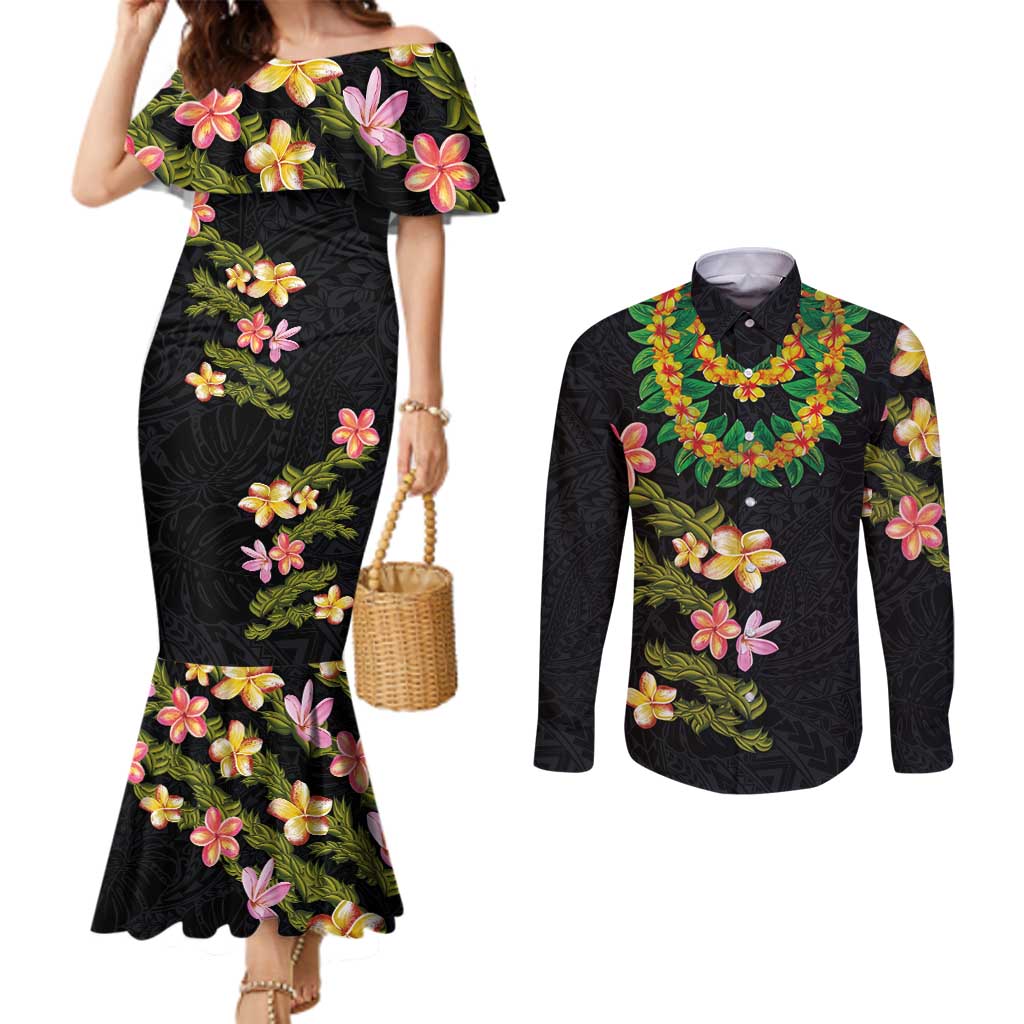 Hawaiian Lei Plumeria and Tropical Leaves Couples Matching Mermaid Dress and Long Sleeve Button Shirt Watercolor Style