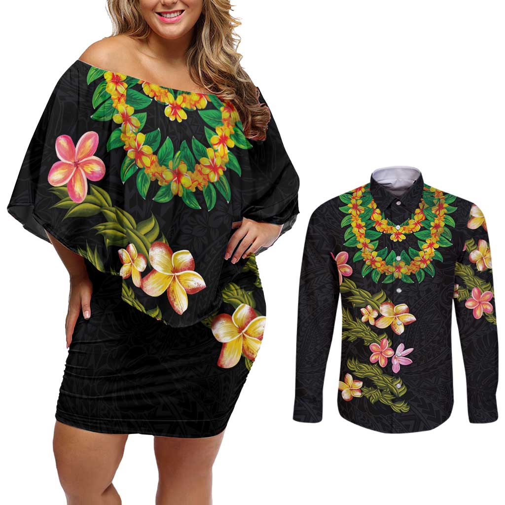 Hawaiian Lei Plumeria and Tropical Leaves Couples Matching Off Shoulder Short Dress and Long Sleeve Button Shirt Watercolor Style
