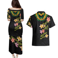 Hawaiian Lei Plumeria and Tropical Leaves Couples Matching Puletasi and Hawaiian Shirt Watercolor Style