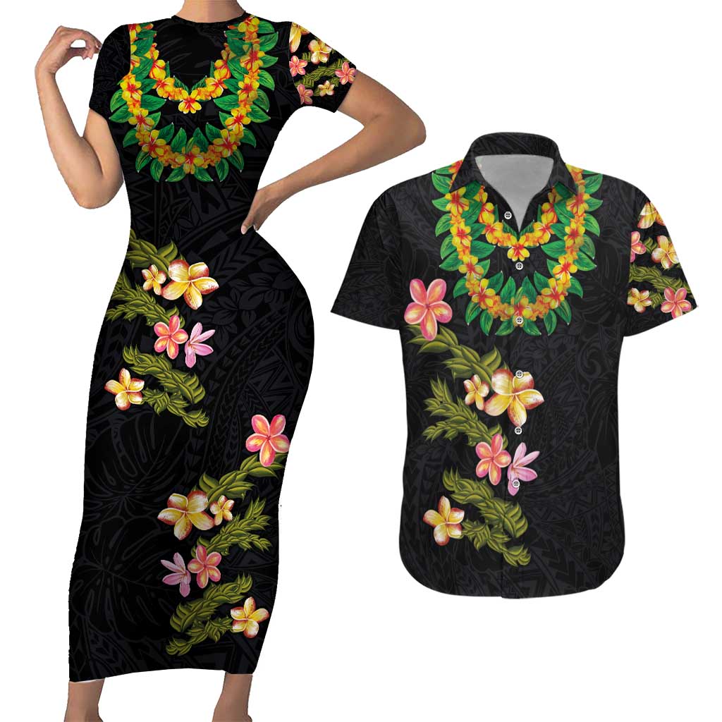 Hawaiian Lei Plumeria and Tropical Leaves Couples Matching Short Sleeve Bodycon Dress and Hawaiian Shirt Watercolor Style