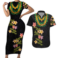 Hawaiian Lei Plumeria and Tropical Leaves Couples Matching Short Sleeve Bodycon Dress and Hawaiian Shirt Watercolor Style