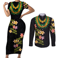 Hawaiian Lei Plumeria and Tropical Leaves Couples Matching Short Sleeve Bodycon Dress and Long Sleeve Button Shirt Watercolor Style