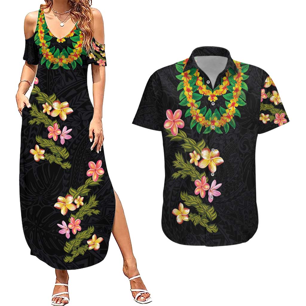 Hawaiian Lei Plumeria and Tropical Leaves Couples Matching Summer Maxi Dress and Hawaiian Shirt Watercolor Style