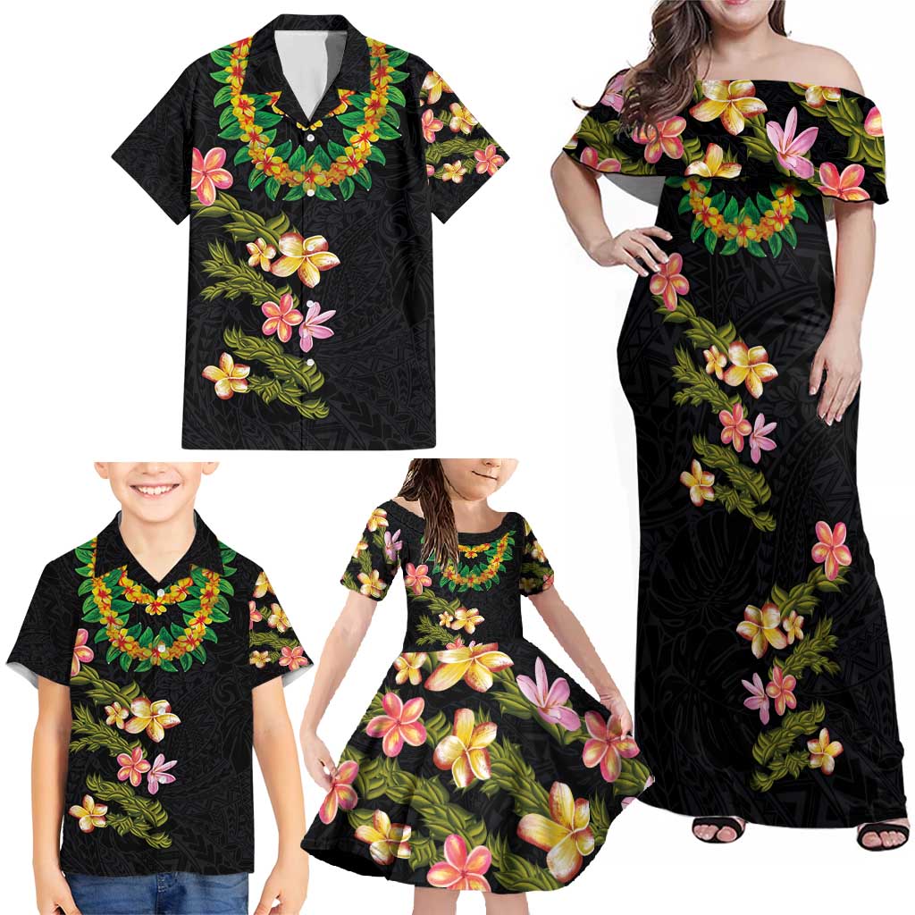 Hawaiian Lei Plumeria and Tropical Leaves Family Matching Off Shoulder Maxi Dress and Hawaiian Shirt Watercolor Style