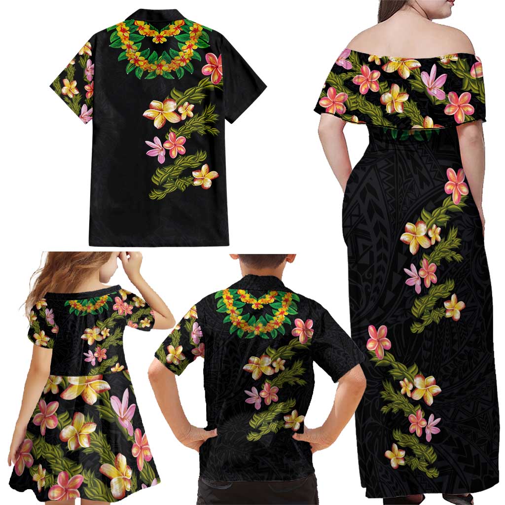 Hawaiian Lei Plumeria and Tropical Leaves Family Matching Off Shoulder Maxi Dress and Hawaiian Shirt Watercolor Style