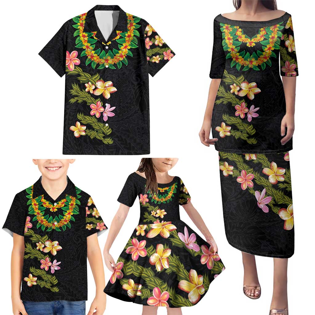 Hawaiian Lei Plumeria and Tropical Leaves Family Matching Puletasi and Hawaiian Shirt Watercolor Style